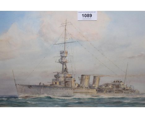 E.H. Hand, watercolour portrait of H.M.S. Caroline, signed, 10.5ins x 17ins, framed 