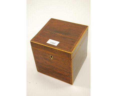 Small 19th Century mahogany crossbanded and boxwood line inlaid tea caddy of cube form with hinged cover 