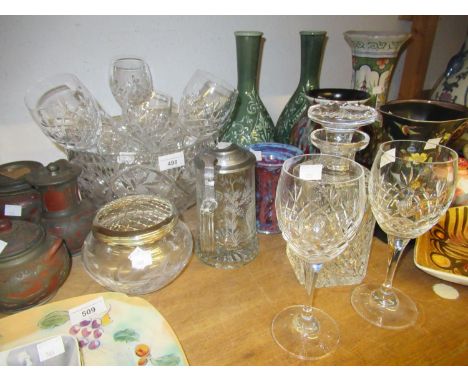 Set of six cut glass wine glasses together with a set of four Stuart cut glass brandy balloons, Czecholslovakian glass bowl, 