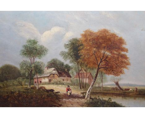 Attributed to Samuel David Colkett, oil on canvas, rural scene with figures on a path before farm buildings, unsigned, 10ins 
