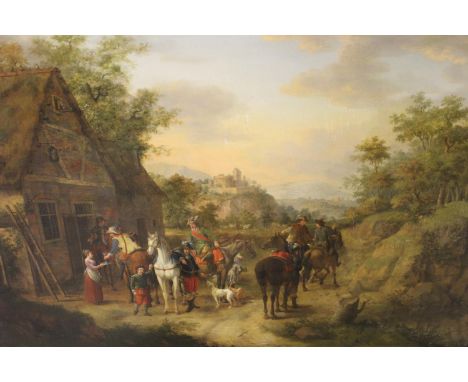 Circular of Schoeraerts, oil on panel, hunting party taking refreshments outside an inn, 18.5ins x 24ins, gilt framedDoes hav
