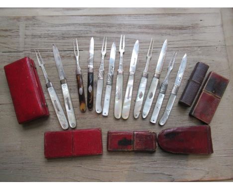 Group of five Georgian silver mother of pearl and tortoiseshell folding fruit knife and fork pairs with original cases, toget