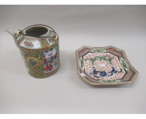 19th Century Canton famille rose teapot (minus cover), together with an octagonal porcelain plate decorated with dragons 