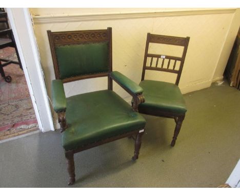 Set of eight (six plus two) late 19th Century dining chairs having carved and spindle backs with overstuffed green rexine sea