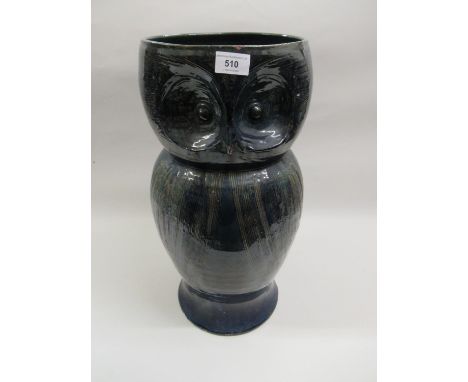 Large blue glazed terracotta stick stand in the form of an owl, 21ins highVarious chips as shown in photos.No cracks. 