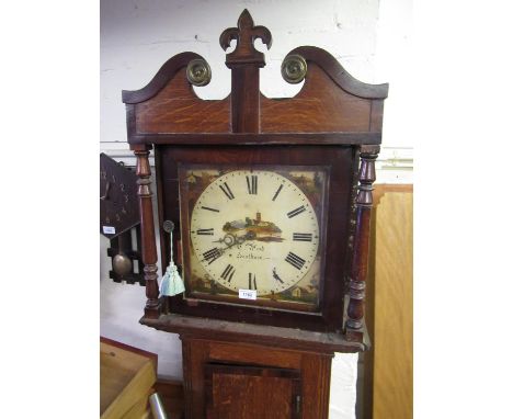 19th Century oak and mahogany crossbanded longcase clock, the painted dial with Roman numerals and single train thirty hour m