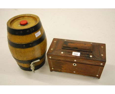 19th Century rosewood sarcophagus shaped tea caddy together with an oak spirit barrel 