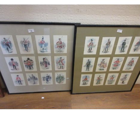 Set of twenty four small framed prints, soldiers of the British Army, housed in two frames, together with a framed set of re-