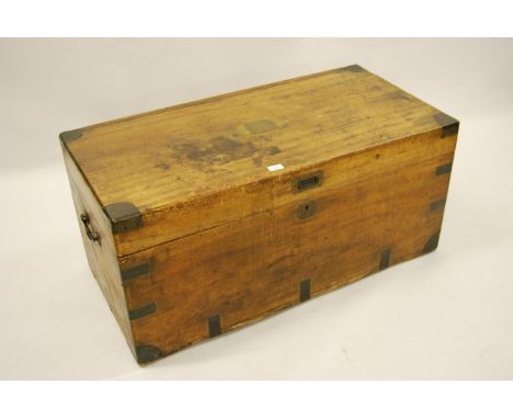 19th Century brass bound camphor wood trunk with hinged lid and brass end carrying handles, 41ins wide 
