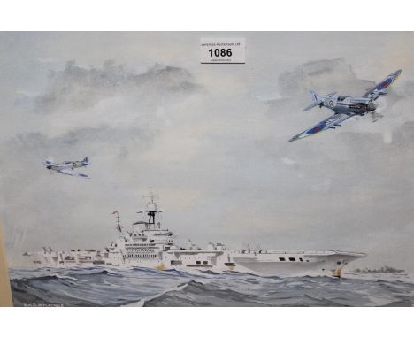 Stan Rogers, watercolour heightened in white, portrait H.M.S. Implacable and two Seafires in flight, signed and dated 1997, 1