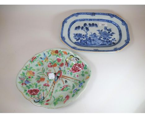 Chinese octagonal blue and white plate (hairline crack), together with a Chinese oval plate enamel decorated with birds, flow