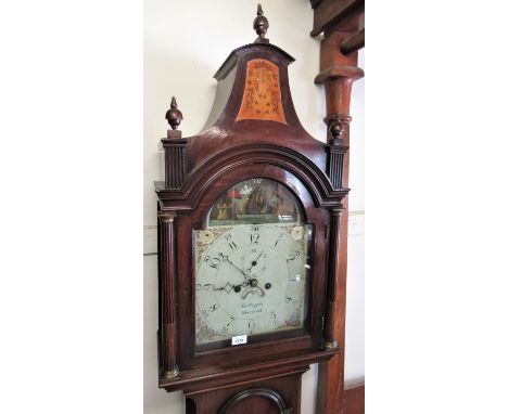 19th Century mahogany longcase clock, the broken arch hood with an inlaid surmount and flanking pilasters above a moulded arc