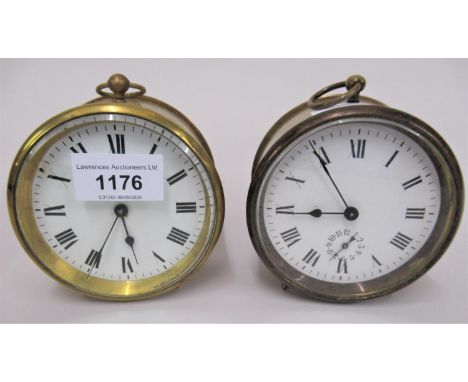 Late 19th or early 20th Century French brass cased drum clock with enamel dial and Roman numerals, together with another simi