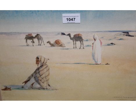 Leslie R. Poole-Smith, watercolour, Arabs and camels in the Sahara, dated 1914, 9ins x 13ins, signed together with another wa