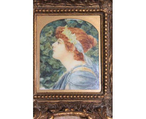 Pre-Raphaelite style portrait painting of a young lady in a blue tunic 