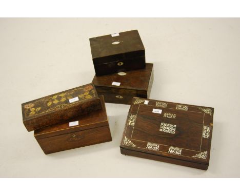 Victorian rosewood and mother of pearl inlaid writing slope, two 19th Century rosewood work boxes, a Continental poker decora