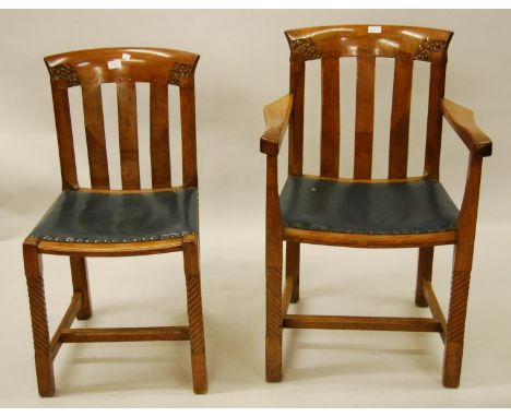 Good quality 1930's Continental light oak dining room suite comprising:  set of six (four plus two) dining chairs, rectangula