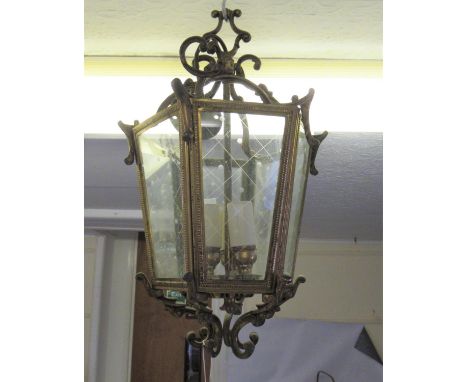 Mid 20th Century gilt brass hexagonal lantern form light fittingOverall height 18in - all glass intact and in place 