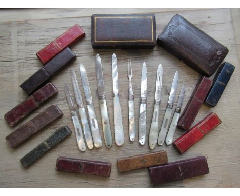 Georgian silver and mother of pearl knife and fork pair in original case, a Sheffield silver and mother of pearl folding doub