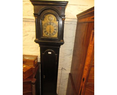 18th Century ebonised longcase clock, the broken arch hood above a moulded panel door and conforming plinth base, the 8in gil