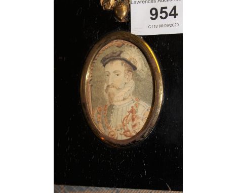 Ebonised and gilt framed miniature portrait of an 18th Century gentleman in a white ruff collar 