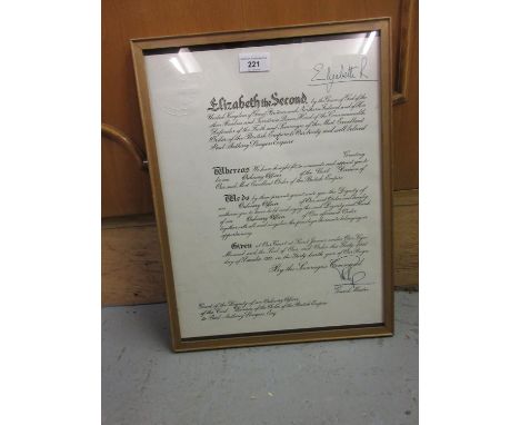 Elizabeth II Appointment to be an Ordinary Officer of the Civil Division Order of the British Empire with facsimile signature
