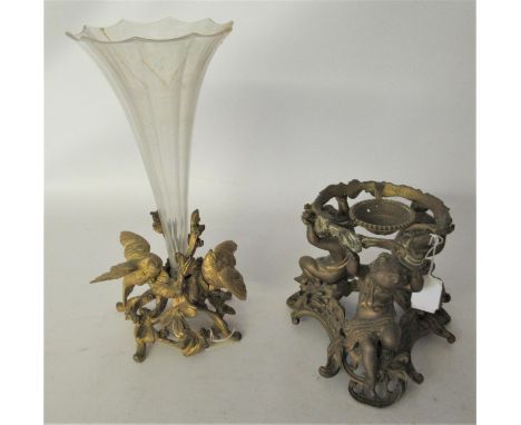 19th Century gilt brass epergne base in the form of two birds, together with another in the form of three seated figures, a 1