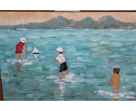 Modern British School oil on board, children playing with a toy boat in shallow waters, 7.5ins x 9.5ins 
