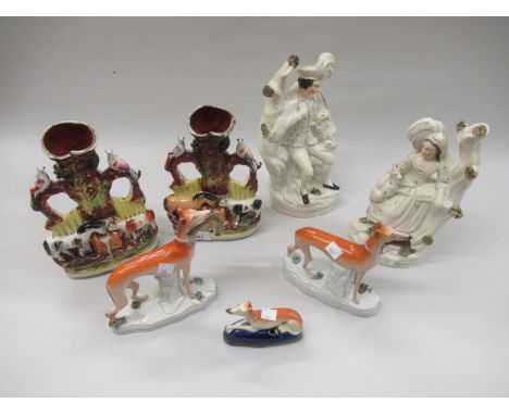 Pair of 19th Century Staffordshire spill vases, each in the form of a horse and cow drinking from a trough, pair of 19th Cent