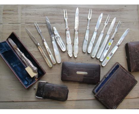 Five Victorian and later silver mother of pearl folding knife and fork pairs in original cases, similar mother of pearl and s