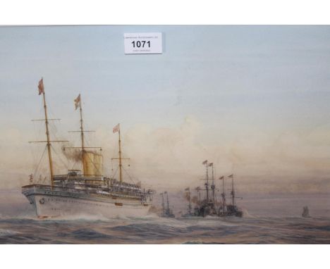 Harold Wyllie, watercolour, portrait of the S.S. Medina, leading a convoy of British war ships, H.M.S. Defence, H.M.S. Cochra