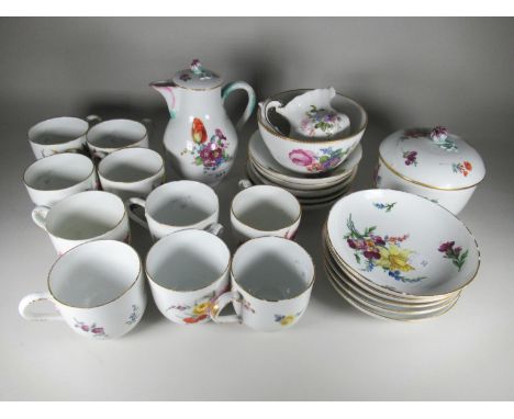 Set of ten German porcelain floral painted coffee cups and saucers, together with matching water pot and sugar basin, a Royal