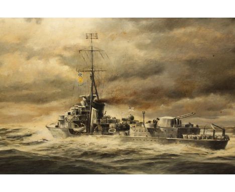 Stephen Mann, oil on board, portrait of H.M.S. Kelly, signed and dated 1987, 12ins x 17.5ins, housed in an ebonised frame 