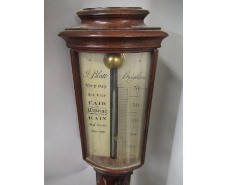 Reproduction mahogany bow front stick barometer, signed J. Blatt, Brighton, together with a small aneroid barometer 