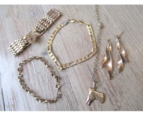 9ct Gold gate bracelet with padlock clasp, pair of gold drop earrings, 9ct gold chain link bracelet, 9ct gold chain with gold