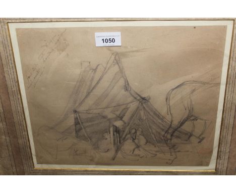 Two gilt framed and mounted pencil sketches, one inscribed, bearing stamps for Paul Delamain, street scene and encampment, 15