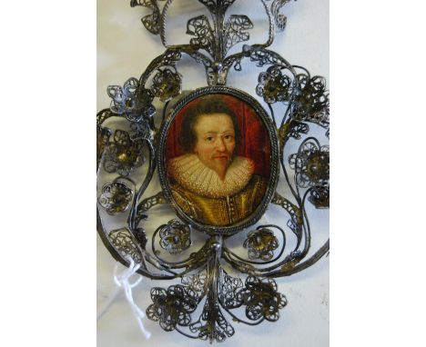 Antique portrait miniature on card of King James VI of Scotland / James I of England mounted in an antique white metal filigr