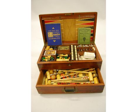 Fine Victorian mahogany and brass bound games box, the hinged lid enclosing a fitted interior with near complete original con