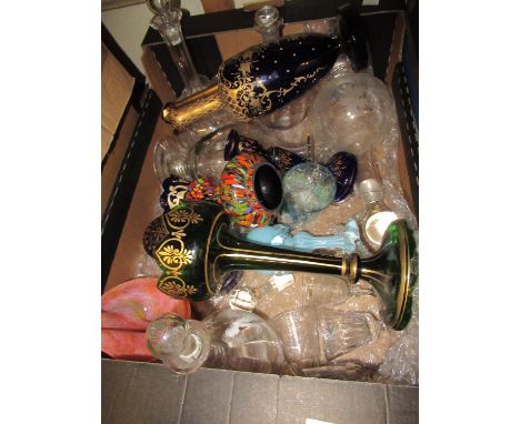 19th Century Bohemian green glass lustre, an early 20th Century blue glass and gilt decorated jug decanter, a Mary Gregory st