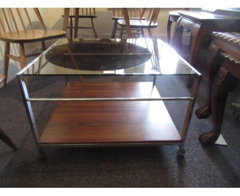 Mid Century chrome smoke glass and exotic hardwood coffee table by Howard Miller for M.D.A., labels attachedGood condition, n