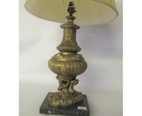 Gilt metal baluster form table lamp with marble base, 18ins high excluding shade, together with a brass and glass table lamp 