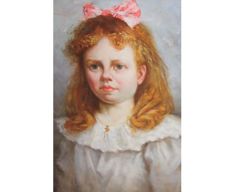 P. Laurent, oil on canvas, portrait of a girl with red hair wearing a pink bow, 24ins x 20ins, gilt framed 