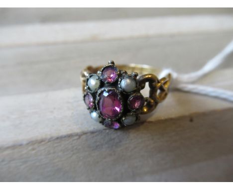 19th Century 12ct gold cluster ring set split pearls and amethyst 