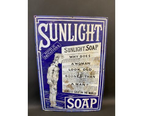 An early Sunlight Soap pictorial enamel sign by Patent Enamel, older restoration, 20 x 30".