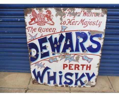 An early Dewar's Perth Whisky enamel sign with Royal Warrant coat of arms, for Queen Victoria, 36 x 41".