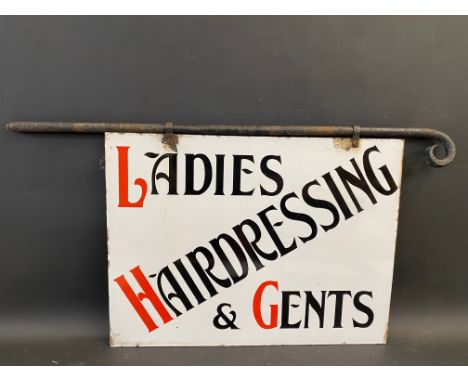 A Hairdressing for Ladies &amp; Gents double sided enamel sign on hanging pole in good condition, 24 x 18" (measurements for 