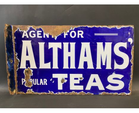 A double sided enamel sign with hanging flange, advertising Althams' Teas, by Griffiths &amp; Browitt, 15 x 9".