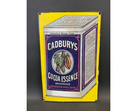 A Cadburys Cocoa Essence pictorial enamel sign, with 3D image of a tin, restored, 10 x 15".