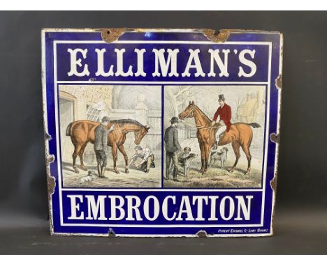 A rare Elliman's Embrocation pictorial enamel sign depicting horses, by Patent Enamel Co., in good condition, 20 x 18".