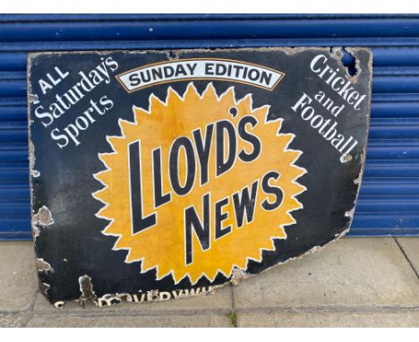 A Lloyd's News 'Sunday Edition' enamel sign advertising 'All Saturday's Sports Cricket and Football', 36 x 28 1/2".